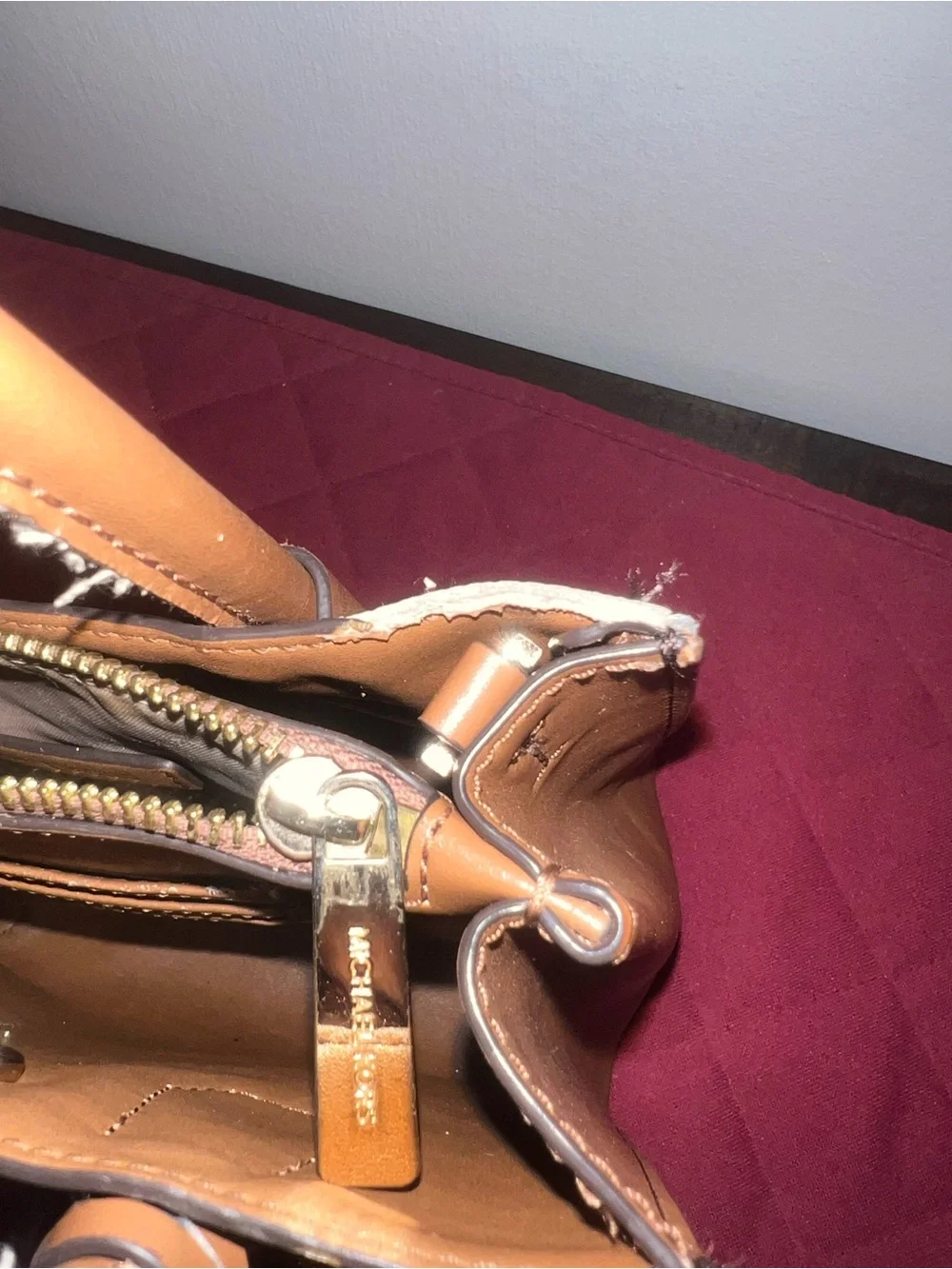 Michael Kors Brown, Tan and White Logo Satchel with Gold Charm